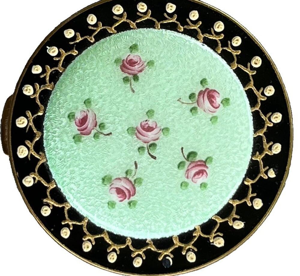 Antique Art Nouveau Deco Compact Guilloché & Enamel Flower Mirrored Powder Box